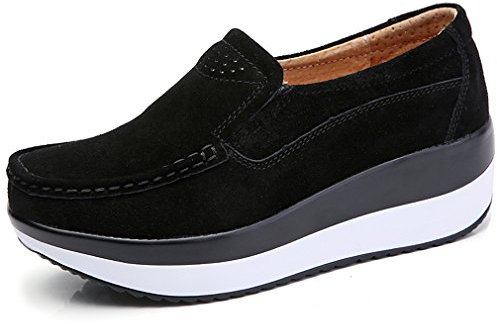 Solshine Damen Wildleder Plateau Loafers Keilabsatz Mokassins Slipper P025 Schwarz 40EU