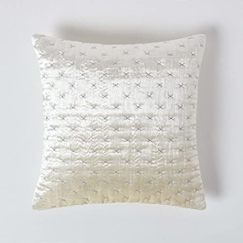 HOMESCAPES Cream 55 x 55 cm Large Crushed Velvet Cushion Cover with Embroidered Design Super Soft Off-White Luxury Decorative Square Scatter Cushion Throw Pillow for Sofa or Bed with Zip Closure