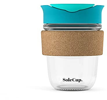SoleCup. - Reusable Strengthened Glass Travel Cup - Spill Proof Insulated Coffee Mug - 12oz/340ml BPA-Free Hot Drink Travel Mug with Lid & Cork Band (Blue, 340ml / 12oz)