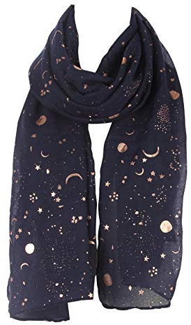 Clest F&H Damen-Schal, marineblau, Sterne und Mond, bronziert, leicht, weich, Wickelschal, Marineblau, Large