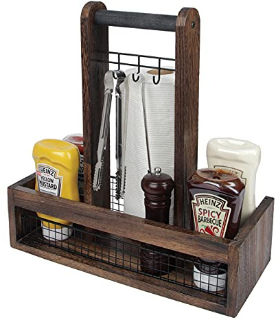 J JACKCUBE DESIGN Rustikaler Holz-Tisch-Organizer für Essen im Freien, Grill, Grill, Gewürze, Pfannenwender, Zange, Utensilienhalter und Papierhandtuch-Servierbehälter – MK718A (rustisches Holz)