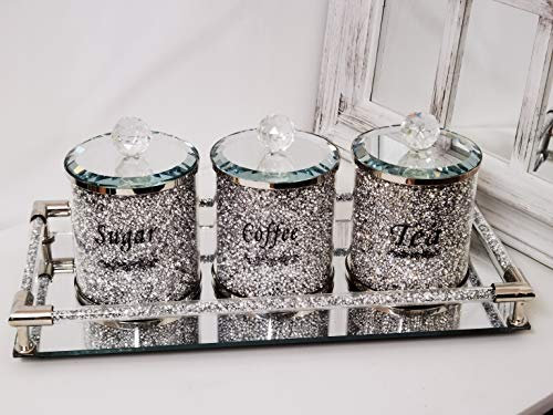 Biznest Set Of Diamond Crushed Tea Coffee Sugar Jars & Diamond Crushed Rod Metal Gold Corner Mirrored Tray 39X18Cm Elegant Addition Home Décor