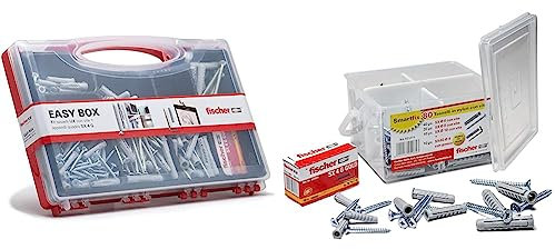 Fischer Kit Easy Box, Set Di 252 Tasselli Ux Con Ganci Appendi Quadro E Viti Assortite Per Fissaggio Su Muro Pieno E Mattone Forat & Kit Smartfix Box, 80 Tasselli Con Vite Con Gancio