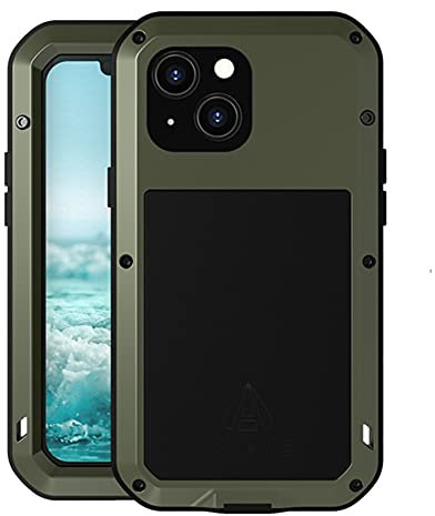 LOVE MEI for iPhone 13 Mini Case, Outdoor Heavy Duty Military Grade Bumper Aluminum Metal Shockproof Dustproof Anti-scratch Full Body Protection Case with Tempered Glass for iPhone 13 Mini (Green)