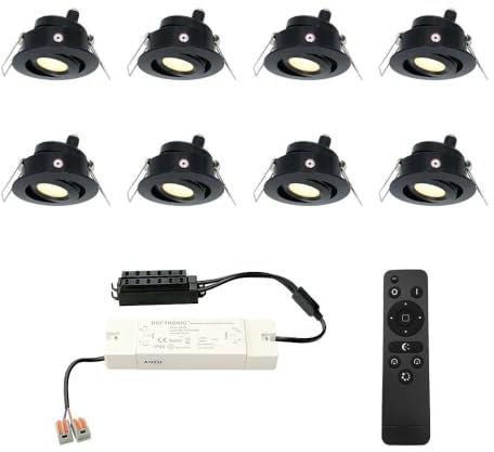 HOFTRONIC - Einbaustrahler Schwarz Feuchtraum Badezimmer 12V Terrassenüberdachung IP44 Wasserdicht | 8x3W 200 Lumen 2700K Warmweiß Dimmbar Schwenkbar Flach RF-Fernbedienung 3W Mini LED Einbaustrahler