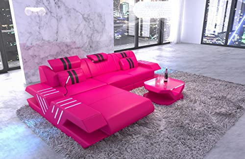 Ledersofa Venedig L Form Sofa Ecksofa in Leder - mit LED Beleuchtung, verstellbare Kopfstützen, Recamiere/Lederfarben wählbar/Ausrichtung wählbar (Ottomane Links, Pink-Schwarz)