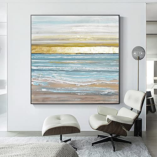 LCDIUDIU Gemälde Abstrakt, Blaue Meereswellen Strand Goldfolie Landschaft Abstrakt Modern Original Rahmenlose Handgemalte Ölgemälde Auf Leinwand Für Familienwand Wohnzimmer Esszimmer Home Art Decor,