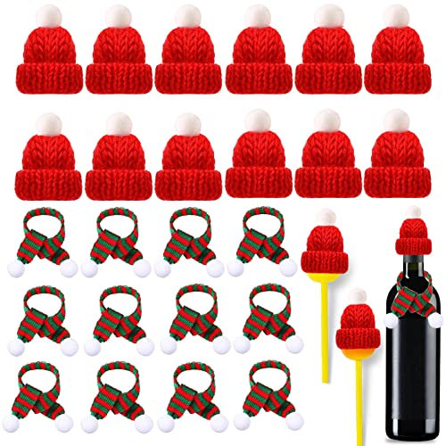 24 Stück Mini Weihnachtsmützen, Gestrickt Mini Nikolausmütze und Schal, Flaschenmütze Weihnachten, Wichtelmützen zum Basteln, Mini Hut mit Schal für Tischdeko Flaschen Deko Dekoration Geschenk (B)