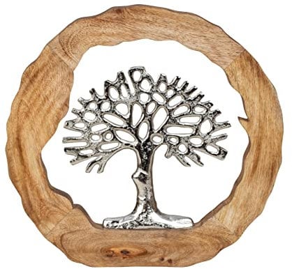 Lifestyle & More Sculpture Moderne Décor Arbre de Vie en Cercle en Aluminium sur Socle en Bois de manguier Argent/Brun D 35 cm