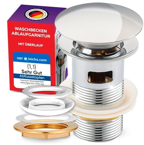 M. ROSENFELD HOME Ablaufgarnitur Waschbecken mit Überlauf Chrom - Ablaufventil Pop Up 1 1/4 Zoll aus Edelstahl & Messing für Waschtisch - PopUp Ventile, Abflussgarnitur Waschbecken, Einfacher Einbau