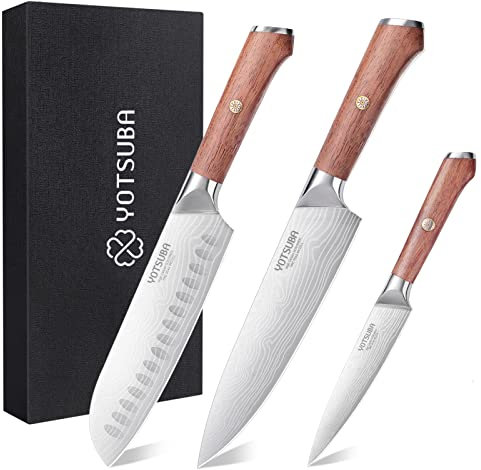 YOTSUBA Messerset, Küchenmesser Set 3-tlg aus Hochwertigem Carbon Edelstahl, Ultra Scharfes Messer Set mit Chefmesser Santokumesser Allzweckmesser