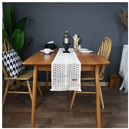 Stfery Boho Tischläufer Weiß, Tischläufer Edel 24x260CM Hohles Blumenmuster Baumwolle Table Runner Tischdeko Wohnzimmer Küche Hochzeiten