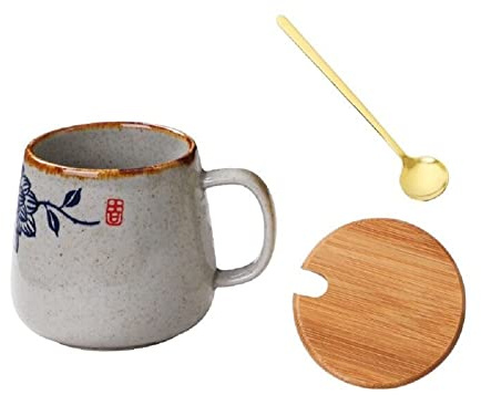 MAGICVOGEL Taza de café de cerámica de 350 ml con tapa y cuchara, taza de café, regalo para cumpleaños, Navidad, día de la madre, día del padre (flor de loto)