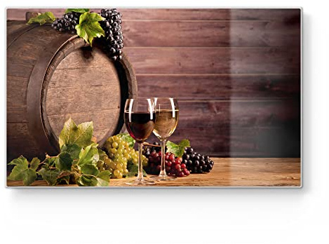 DEQORI Frühstücksbrett Glas | klein 23x14 cm | Motiv Zwei Weingläser vor Fass | Design Schneidebrett für Küche | Frühstücksbrettchen antibakteriell & rutschfest | Glasplatte & Servierplatte