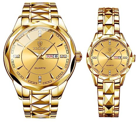 JewelryWe Paar Uhren Edelstahl Herren Damen - 2pcs Gold Analog Quarz Pärchen Armbanduhr mit Edelstahl Armband Leuchtend Zeiger Datum Woche Kalender 30m wasserdichte Uhr für Männer Frauen