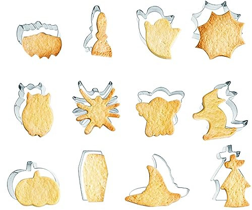 12 Pieces Halloween Cookie Cutters Set, Stainless Steel Cute Cookies Cutter Includes Pumpkin, Ghost, Witch, Zombie, Skull, Bat, Cat and More Spooky Cutters Molds Decorations