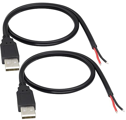 HCFeng18AWG USB A Male Plug to 2pin Bare Wire Pigtail Open Extension Cable | USB 2.0 Male Plug to 2pin Bare Cable 5V 5A Power Charge Wires DIY Connector Cable [2PacK/black][0.5M/1.6ft]