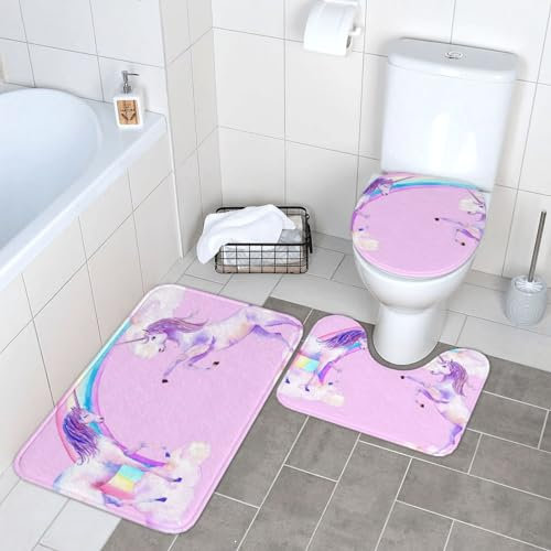 BTCOWZRV Badezimmerteppich, Badteppiche für Badezimmer, Rosa, Regenbogen, Einhorn, rutschfeste Badematten, Badezimmerteppich-Set, 3-teilig, saugfähig, Badteppich, WC-Vorleger für Badezimmer, Plüsch,