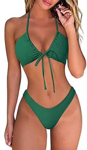 DOULAFASS Damen Bikini Set Sexy Bikini Brazilian Style Niedriger Taille String Triangel 2tlg Bikini Dunkelgrün L