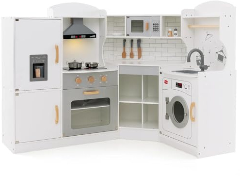 HONEY JOY Corner Kids Kitchen Playset, Ultimate Wooden Play Kitchen for Toddlers, Washing Machine, Ice Maker, Sink, Microwave, Little Chef Pretend Play Toy Kitchen Set, Gift for Boys Girls, White