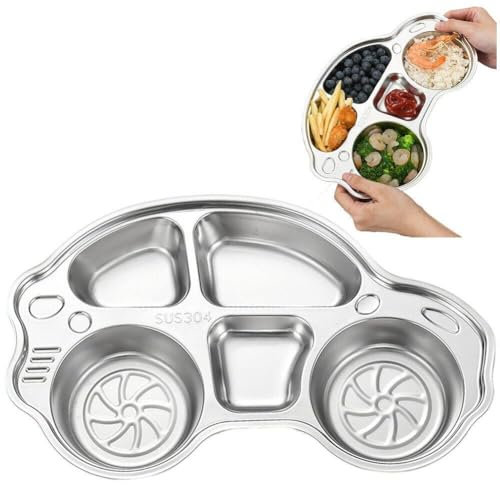 Hrippy Stainless Steel Children's Dinner Plate Cartoon Car Shaped Divided Plate Kindergarten Split Rice Plate Food Trays for Kids
