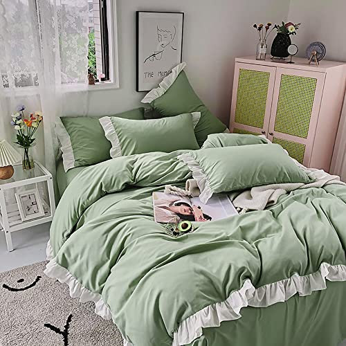 AShanlan Bettwäsche 220x240 Grün mit Weiß Rüschen Romantische Bettbezug Set Super Weich Microfaser Bettwäsche Set mit 2 x Kissenbezug 80x80 cm Reißverschluss