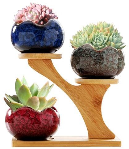 kiss me Ceramic Plant Pots Flower Pot with Wood Stand, Stylish Glossy Design Container Planter Outdoor Indoor Plant Pots with Drainage Holes for Cacti Succulents and Small House Plants (B)