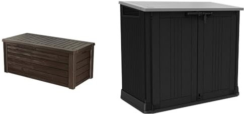 Keter Westwood 570L Outdoor 75% recycled Garden Furniture Storage Box Brown Wood Panel Effect & 249319 Store it Out Nova Outdoor Garden Storage Shed, 32 x 71.5 x 113.5 cm, Dark Grey
