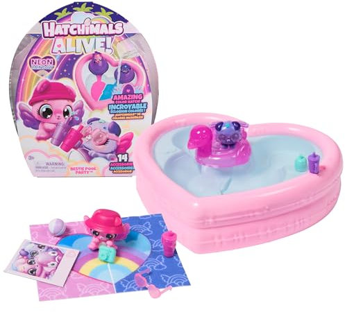 HATCHIMALS Alive, Neon Rainbow Bestie Pool Party Toy with 2 BFF Mini Figures in Color Reveal Eggs & 14 Accessories, Kids Toys for Girls & Boys Ages 3+