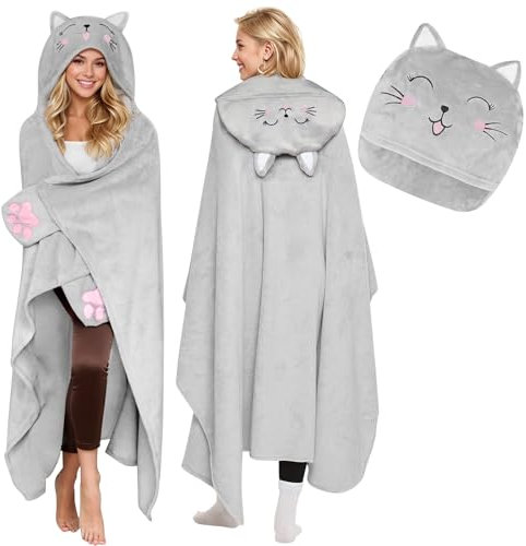 Yuragim Katze Decke mit Ärmeln und Kapuze,Katzenmotiv Flanell Fleece Kuscheldecke Flauschig Süße Blanket Hoodie Tragbare Decke zum Anziehen Geschenke für Frauen Mädchen Katzenliebhaber zum Weihnachten