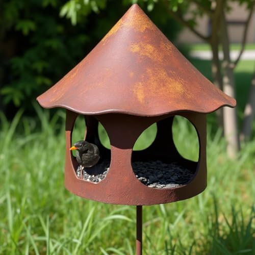 Vogelhaus mit Ständer ∣ 154 cm hoch ∣ wetterfest aus Metall ∣ Stabiler rustikaler Look ∣ Vogelfutterstation, Vogelfutterhaus ∣ Vogelfutterhäuschen
