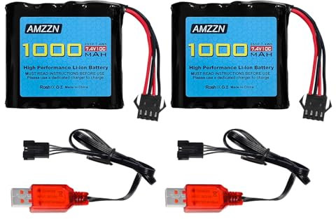 AMZZN 2PCS 7.4V 1000mAh 2S Li-ION Batterie avec fiche SM-4P et câble de Charge USB pour DE36W DE65 NO.1809 RC Voiture Jouet, Voiture Hors Route Escalade Drift Racing Batterie