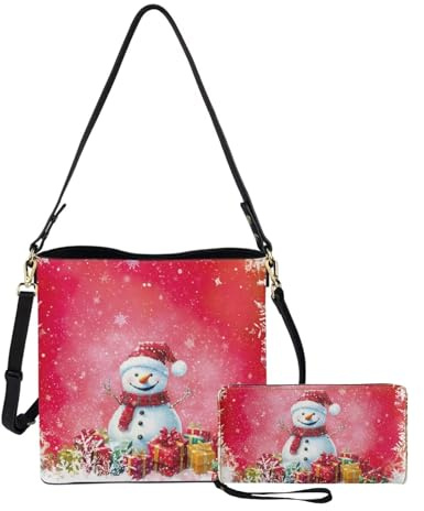 Dolyues 2 Stück Damen-Eimertasche + Damen-Reißverschluss-Geldbörsen-Set, PU-Leder, Handtaschen für Damen, Crossbody-Tasche, lange Geldbörse, weihnachtsmotiv