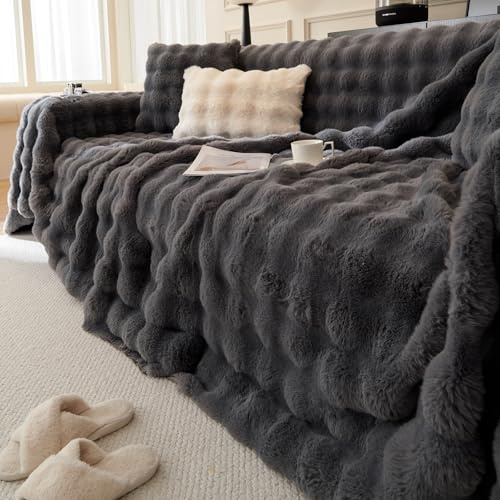 Homesally Dark Grey,180x130cm,Plüsch Kuscheldecke Flauschig Decke - Super Weiche Kuschelige Fuzzy Bettdecken Kaninchen Kunstfell Decke Leichte Decken Warme Kuscheldecke für Couch Bett Sofa