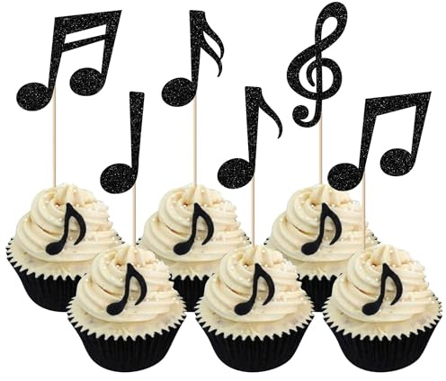 Xsstarmi 36 Pack Black Music Notes Theme Cupcake Toppers Glitter Rock Star Music Symbol Cupcake Picks Decoration for Music Theme Baby Shower Birthday Wedding Anniversary Party Cake Decorations
