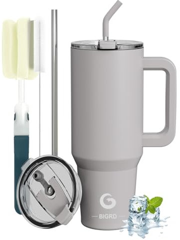 BIGRD 1.13 Litre Coffee Mug to Go, Thermal Mug,Vacuum Insulated Thermal Mug, Double-Walled Leak-Proof Car Cup with 2 Straws & Locking Lid, Dishwasher Safe BPA-Free, Coffee Mug for Cold and Hot (Ash)
