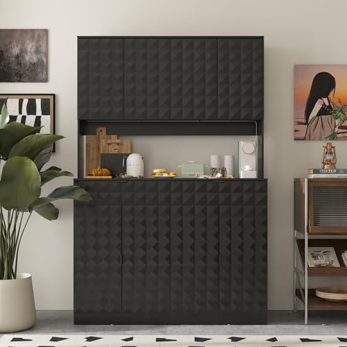 Armario de cocina de 8 puertas, armario de cocina de 2 cajones, color negro, armario de cocina con encimera, armario multiusos con estantes ajustables, blíster de 7 cm de barra cuadrada de 40 x 180 x