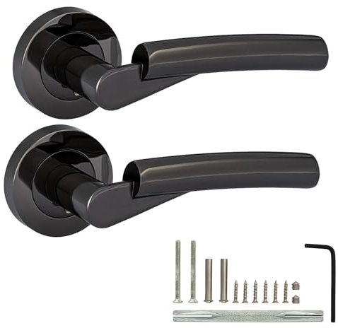 XFORT Luna Lever on Rose Door Handles, Internal Door Handle Sets for Interior Wooden Doors, Lever Latch Door Handle, Interior Door Handles for Home & Office – Polished Black Nickel