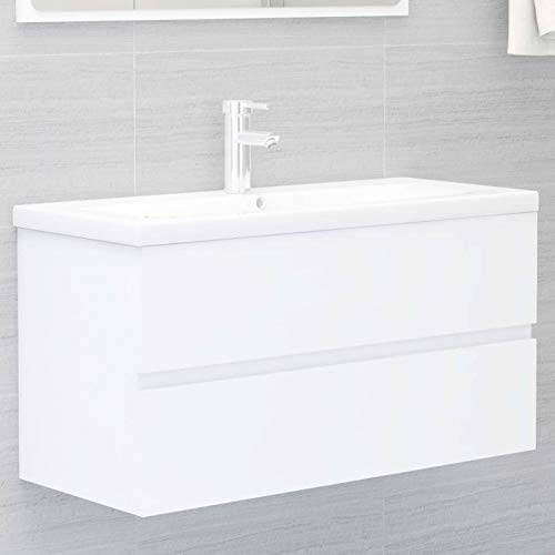 Gecheer Mobile Bagno con Lavabo Integrato, Mobile Sottolavabo 90x38,5x45 cm in Legno Multistrato Bianco con Lavabo in Ceramica 91x39,5x18,5 cm per Bagno e Toilette