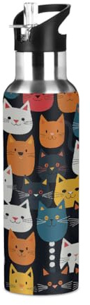Mexpekil 20oz Thermal Flask, Cute Cats Stainless Steel Insulated Water Bottle with Straw, Leakproof Sports Bottle for Gym, Travel, Workouts