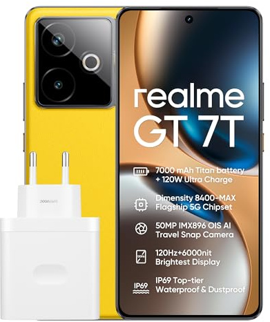 realme GT 7T smartphone 12+256 GB, Processore Dimensity 8400-MAX, Batteria Titanica da 7.000 mAh, 120 W Ultra Charge, Raffreddamento Totale a 360°, Display Pro-Esports da 6.000 nit, IP69, Yellow