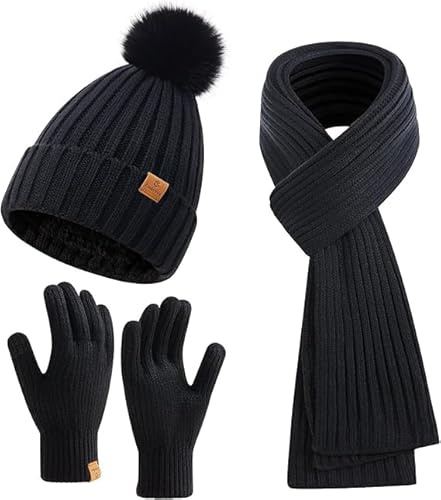 Onetraum Mütze, Schal & Handschuh-Set für Damen (Schwarz)