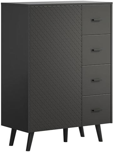 Newroom Kommode Grau matt Sideboard mit Schubladen Push to Open Wohnzimmer | Rautenstruktur Front, 4 Schubladen mit Tür, Komodenschrank, Flur, Anrichte, für Schlafzimmer und Diele