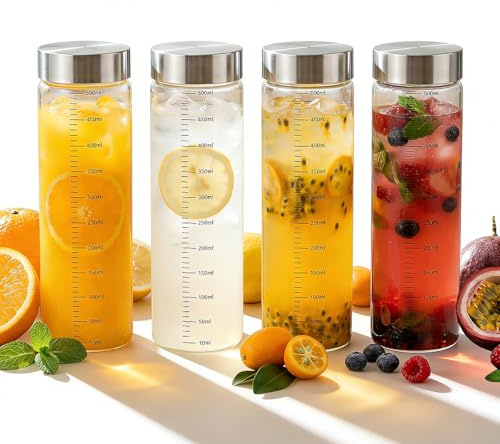 ASOUUNLD Botella de Agua de Cristal 500 ml Botellas de Boca Ancha con Tapa de Acero Inoxidable Botellas de Vidrio para Zumos, Batidos, Café y Leche, con Escala de Medición y Boca Ancha