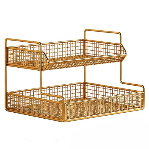 HLDJYLZS Schreibtisch Organizer Regal, Mehrstöckige Tisch Aufbewahrung, Platzsparendes Ablageregal aus Metall, für Wohnzimmer Esstisch Sideboard(Gold,15.7 * 12.2 * 9.4in)