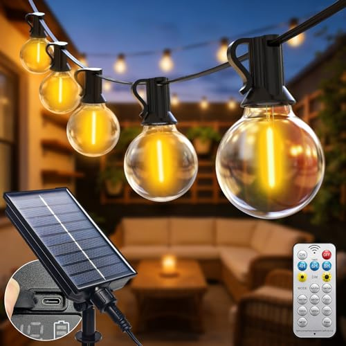 btfarm Solar Lichterkette Outdoor 15M mit Fernbedienung, Wetterfest | Lichterkette Außen Solar, 18+1LED G40 Glühbirnen, 8 Modi Solarlichterkette Outdoor für Garten Balkon Party Deko, Warmweiß