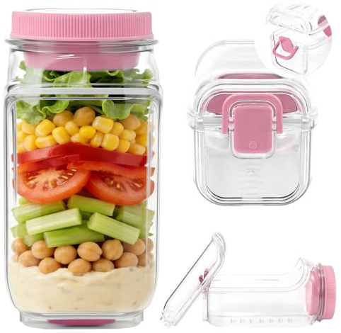 Ensalada Para Llevar, Ensalada Portátil, Ensaladera Vertical con Apertura Lateral y Bote para Condimentos Antiderrame, Ideal para Preparación de Comidas, Oficina, Escuela, Gimnasio y Viajes