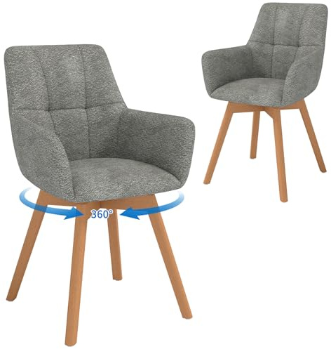 LEWE Esszimmerstühle Drehbar 2er Set mit Armlehne und Holzbeinen,Dunkelgrau | 360°Drehstuhl, Polsterstuhl mit Ergonomische Stoffrückenlehne, Stühle für Esszimmer, Küche, Wohnzimmer, Schlafzimmer