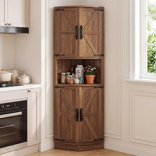 BonVache Eckschrank, Küchenschrank Hoch für Küche,Wohnzimmer,Licht Walnuss | AblagefläcEckregal mit 4 Türen und 5 Ablageflächen,165cm Aufbewahrungsschrank,Hochschrank für Küche,Wohnzimmer,Esszimmer