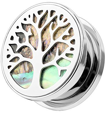 Piercingfaktor Ohr Plug Flesh Tunnel Piercing Ohrpiercing Edelstahl mit Vintage Lebensbaum Perlmutt Inlay Tree of Life Baum des Lebens Motiv 8mm